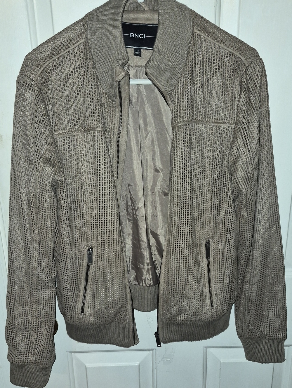 Taupe Perforated Faux Suede Bomber Jacket Size M